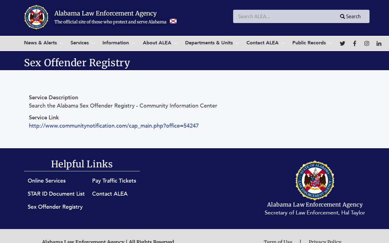Hale County criminal court records ALEA sex offender registry context